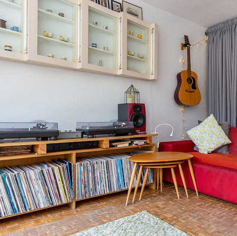 Chill out in the right living room with a glass of wine while listening to one of the many vinyl records on display