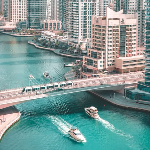 Stay in Dubai Marina, a fifteen-minute walk from JBR Beach and even closer to shops and restaurants