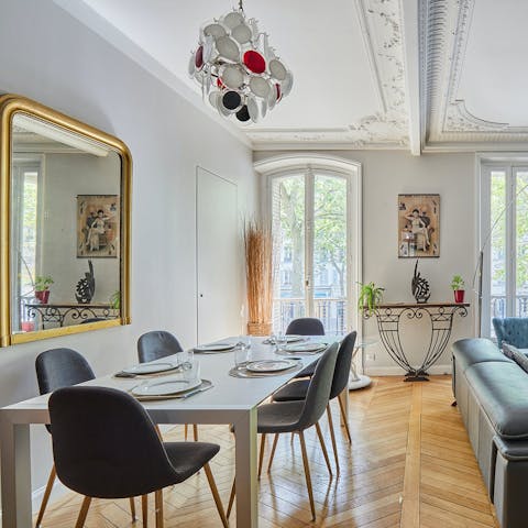 Dine in style in the chic, light-filled apartment