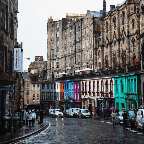 Walk five minutes to reach the pretty rainbow buildings of Victoria Street