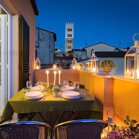 Enjoy candlelit, alfresco meals on your terrace with views of the local church