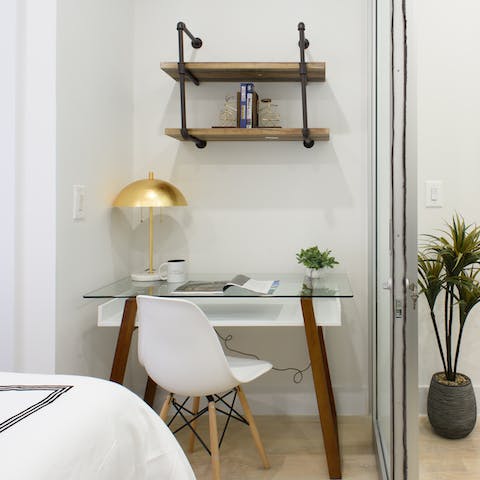 Work from home at the chic desk in the bedroom