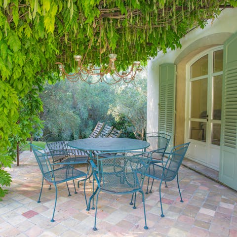 Dine al fresco on the terrace beneath the vines