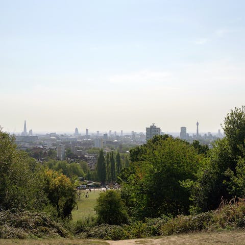 Admire London's city skyline from the top of nearby Parliament Hill 