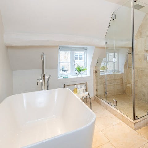 Unwind in the enormous free standing bath tub