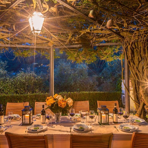 Serve a twilight supper under the twisting vines of the gazebo
