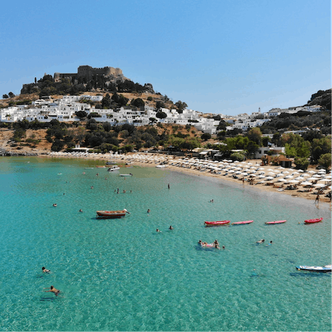 Fall in love with Lindos – your home is around 800m from the sandy beach