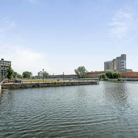 Take a stroll to Place des Bassins on the Lachine Canal, a three-minute walk from this apartment