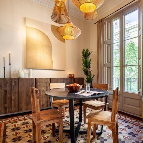 Admire the tiled floor in the elegant dining space