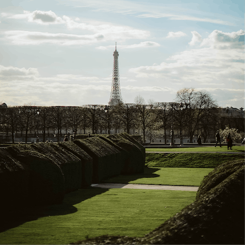Try to spot the Eiffel Tower from the Jardin des Tuileries, a ten-minute stroll away