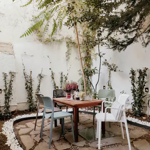 Gather for sticky baklava and black tea in the private courtyard