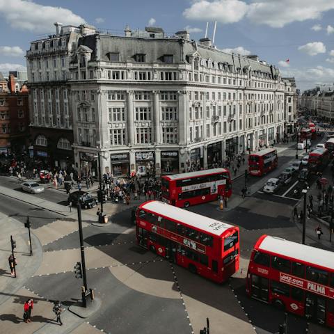 Explore London's bustling shopping district on Oxford Street, just a six-minute stroll away