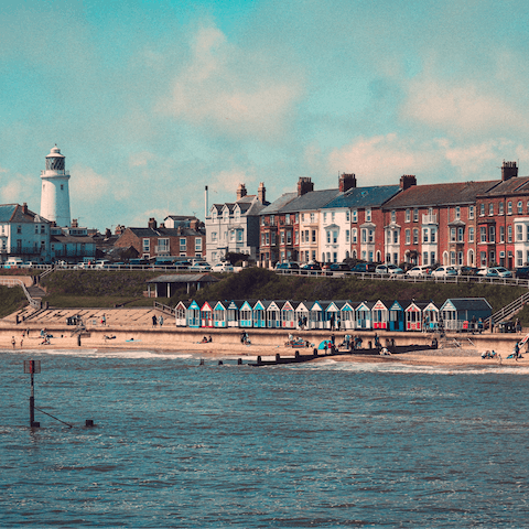 Visit the quaint seaside town of Southwold – its colourful beach-hut-backed sands are just under a twenty-minute drive