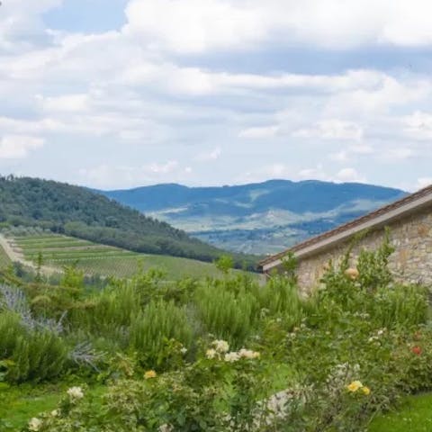 Stay near the village of Greve, overlooking the stunning scenery of Chianti