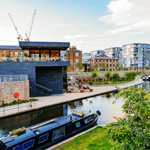 Enjoy waterside dining at Camden Lock and canal, ten minutes away