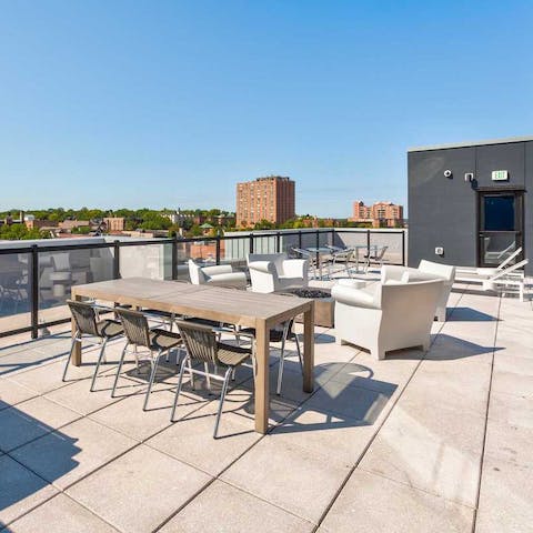 Relax on the resident's rooftop terrace with a beer while looking over Minneapolis