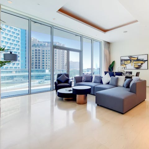 Relax on the comfy chaise sofa after exploring the city's malls
