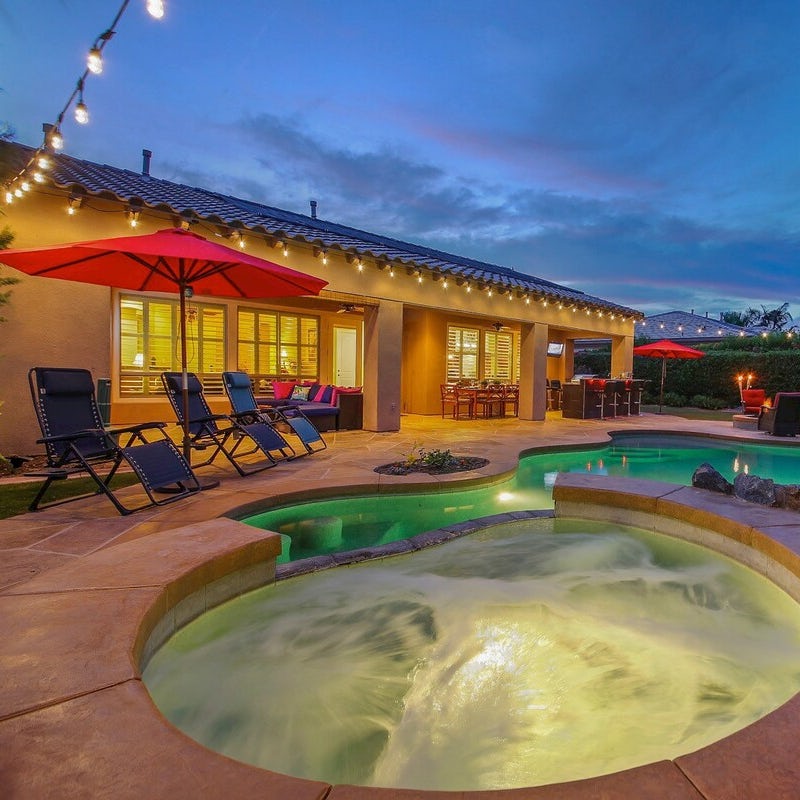 Float around in the pool and adjoining hot tub