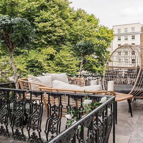 Head out to one of the two terraces for meals outside overlooking the park