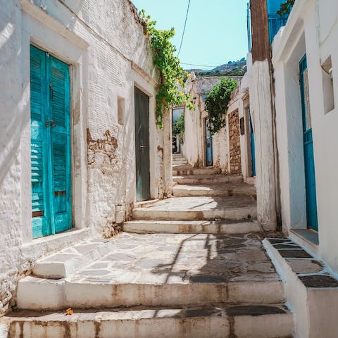 Travel fifteen minutes to the port town of Naxos and explore the cobbled lanes