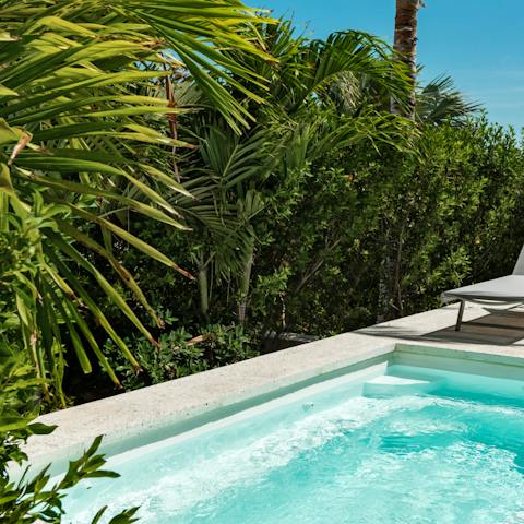 Plunge into the refreshing private swimming pool surrounded by tropical nature