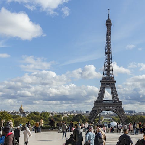 Visit the iconic Eiffel Tower, a twenty-four-minute walk away