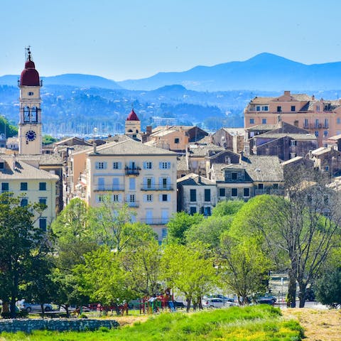 Drive fifteen minutes to the atmospheric streets of Corfu Old Town for shops and restaurants