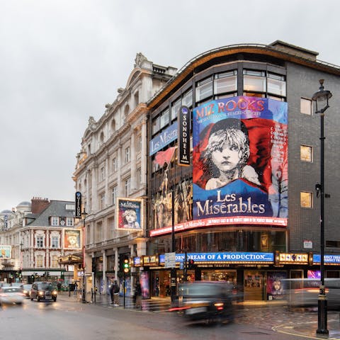 Catch a glittering West End show at one of Shaftesbury Avenue's many theatres – the famous Sondheim Theatre is a one-minute walk away