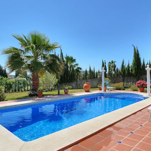 Recline on a sun lounger next to the pool surrounded by classical columns, statutes, terracotta pots and palms