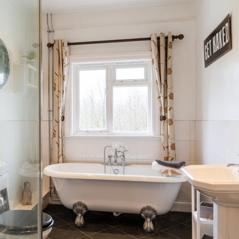 Relax and unwind in the freestanding bathtub