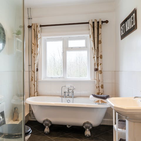 Relax and unwind in the freestanding bathtub