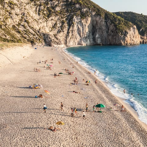 Drive down to Vasiliki Beach in ten minutes for a dip in the Ionian Sea