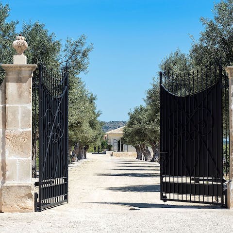 Go through the impressive gates and down the olive tree-lined drive to this gorgeous home