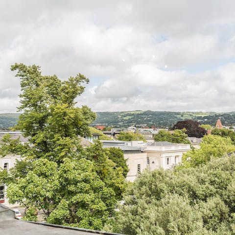 Admire the picturesque views of the town and countryside from the windows
