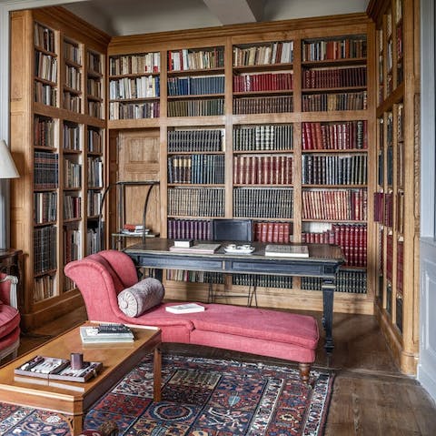 Take your coffee into the antique library for a quiet morning of reading