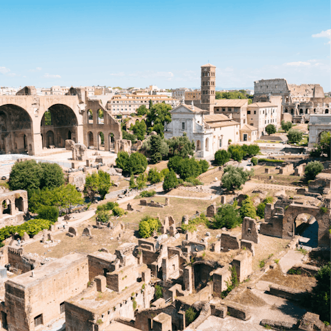 Take a nine-minute stroll to gaze in wonder at the ruins of the Foro Romano