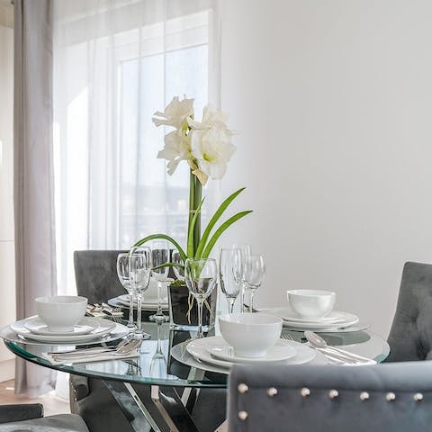 Have elegant dinners in the chic dining space