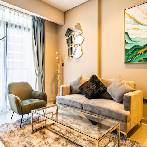 Kick back in the living area after a day of sight-seeing in Dubai