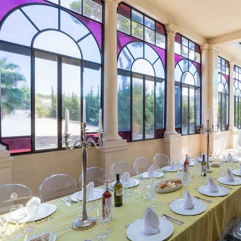 Admire the stained glass in the dining area