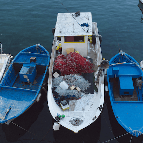 Check out the fishing boats on display at the harbour, just ten minutes from home