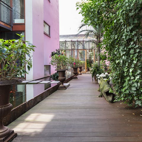 Relax and unwind in the colourful courtyard after a long day of sightseeing