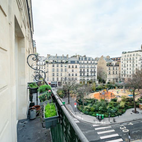 Admire views of Hector Berlioz Square from the long balcony
