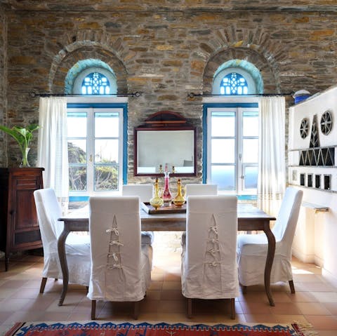 Gather for a home-cooked meal in the rustic dining room