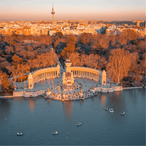 Stroll around Madrid's emblematic Retiro Park – this former royal retreat is a kilometre south of your apartment