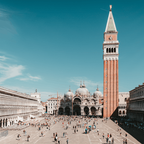 Hop on a Vaporetto one minute away and travel three stops to Piazza San Marco
