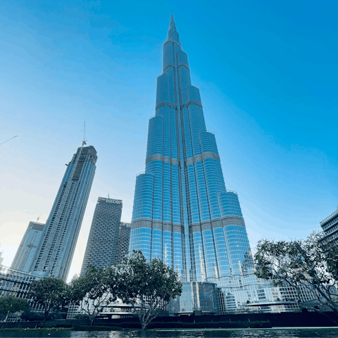 Make the short drive over to Burj Khalifa and head up to the observation deck