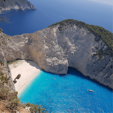 Head to the north of the island to the iconic shipwreck at Navagio beach, 37km away
