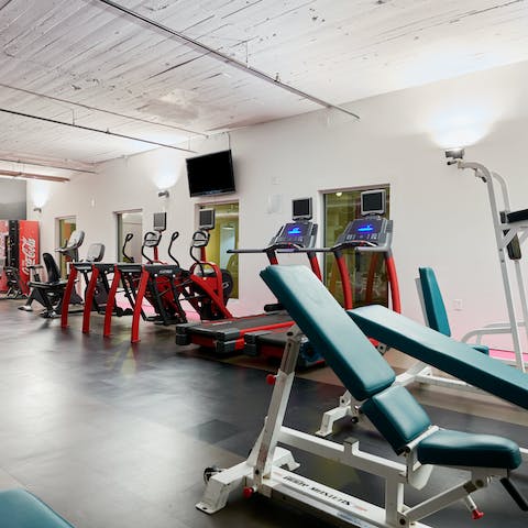 Work up a sweat in the 24-hour, in-building gym for residents
