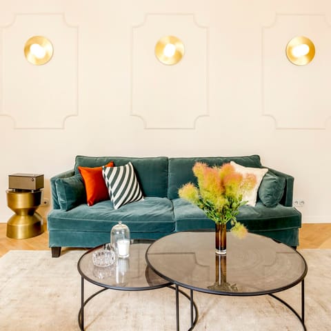 Listen to a record and unwind in the Art Deco-inspired living area
