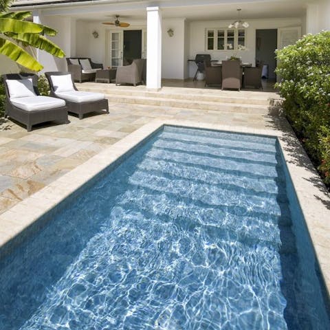 Laze on loungers in the sun before taking the plunge in your private pool